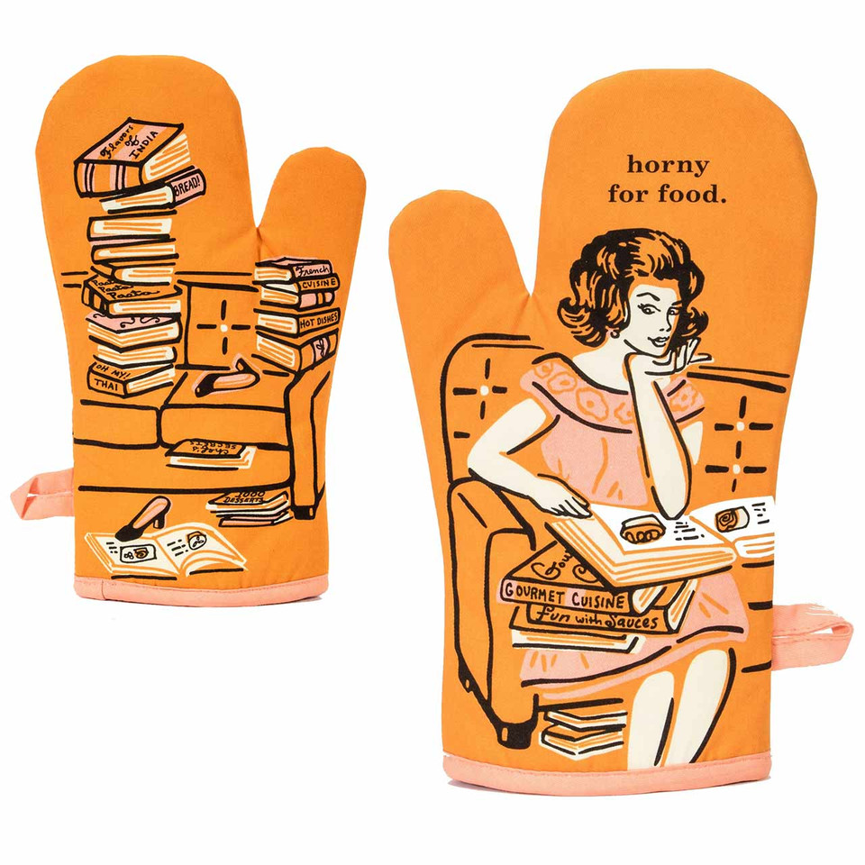 
Front and rear view of the Blue Q "Horny For Food" oven mitt.