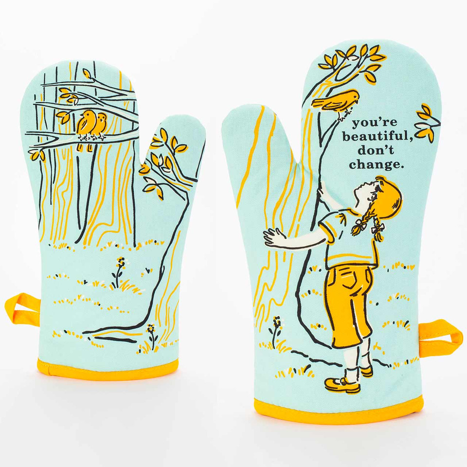 Front and rear view of the  Blue Q oven mitt with the slogan "You're beautiful, don't change".