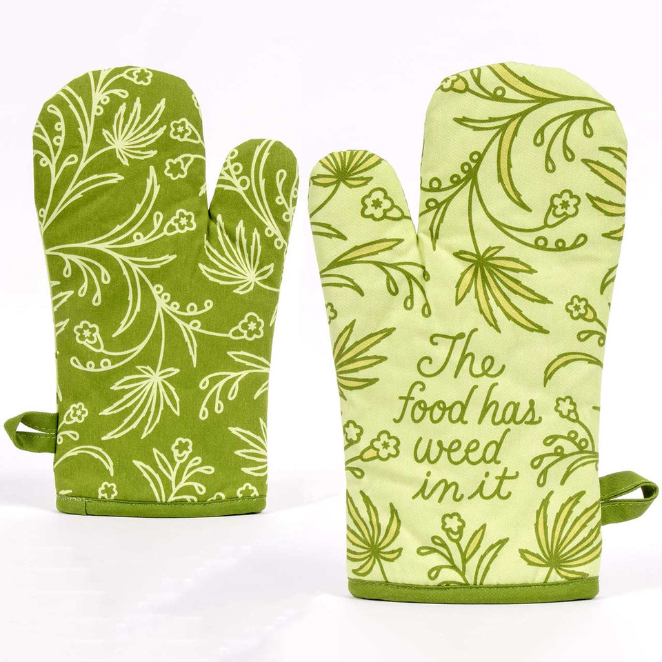 Front and rear views of the oven mitt with the slogan "The Food Has Weed In It" by Blue Q.