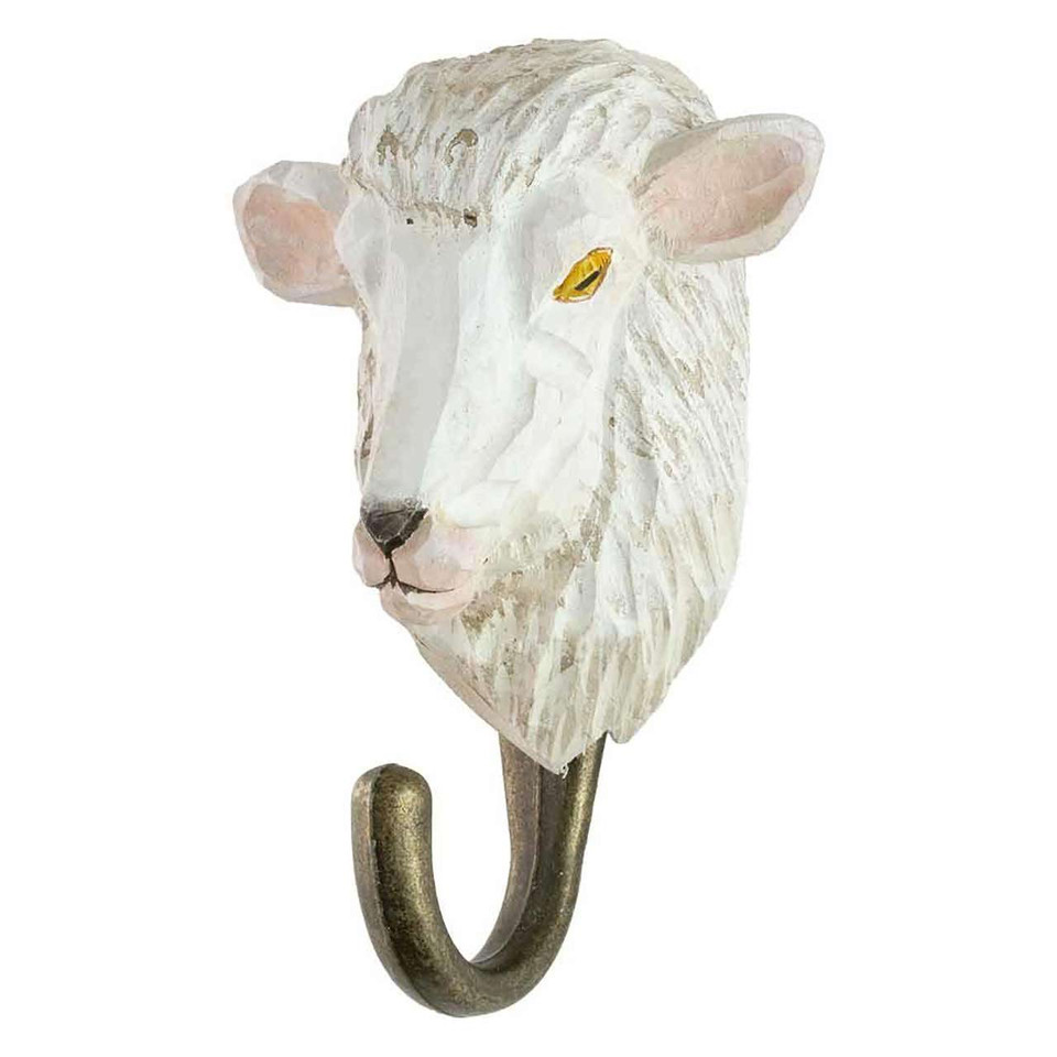 Three-quarter view of a hand-painted Sheep wooden hook, highlighting the artisanal wood grain and realistic facial features.