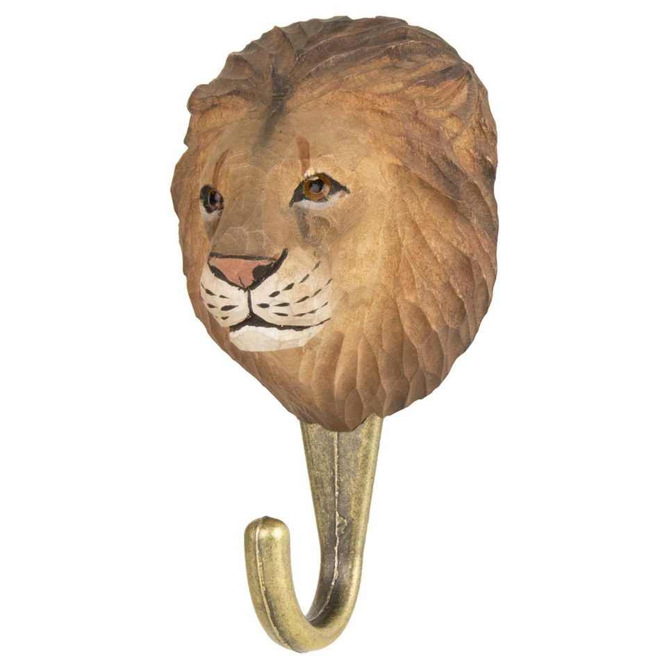 Three-quarter view of a hand-painted Lion wooden hook, highlighting the realistic facial features and artisanal wood-carved finish.