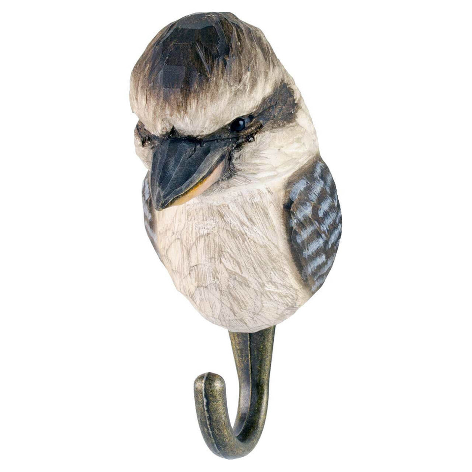 Three-quarter view of a hand-carved timber Kookaburra, highlighting the lifelike brown and white markings of the iconic Australian bird.