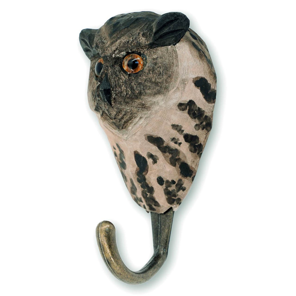 Three-quarter view of a hand-painted Eagle Owl wooden hook, highlighting the artisanal wood grain and realistic facial markings.
