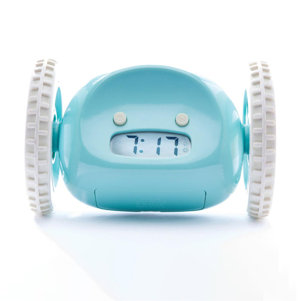 CLOCKY Aqua Blue Alarm Clock On Wheels, front | the design gift shop