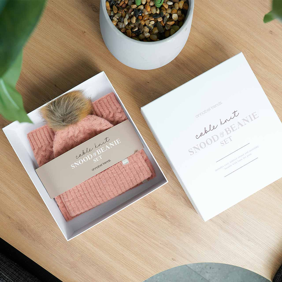  Snood & Beanie set colour Dusty Pink in gift box by Annabel Trends | the design gift shop