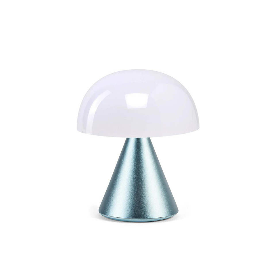 Front view of the Lexon Mina Mini LED Light in Light Blue, featuring a compact mushroom-shaped design with a metallic blue base and a white domed diffuser.