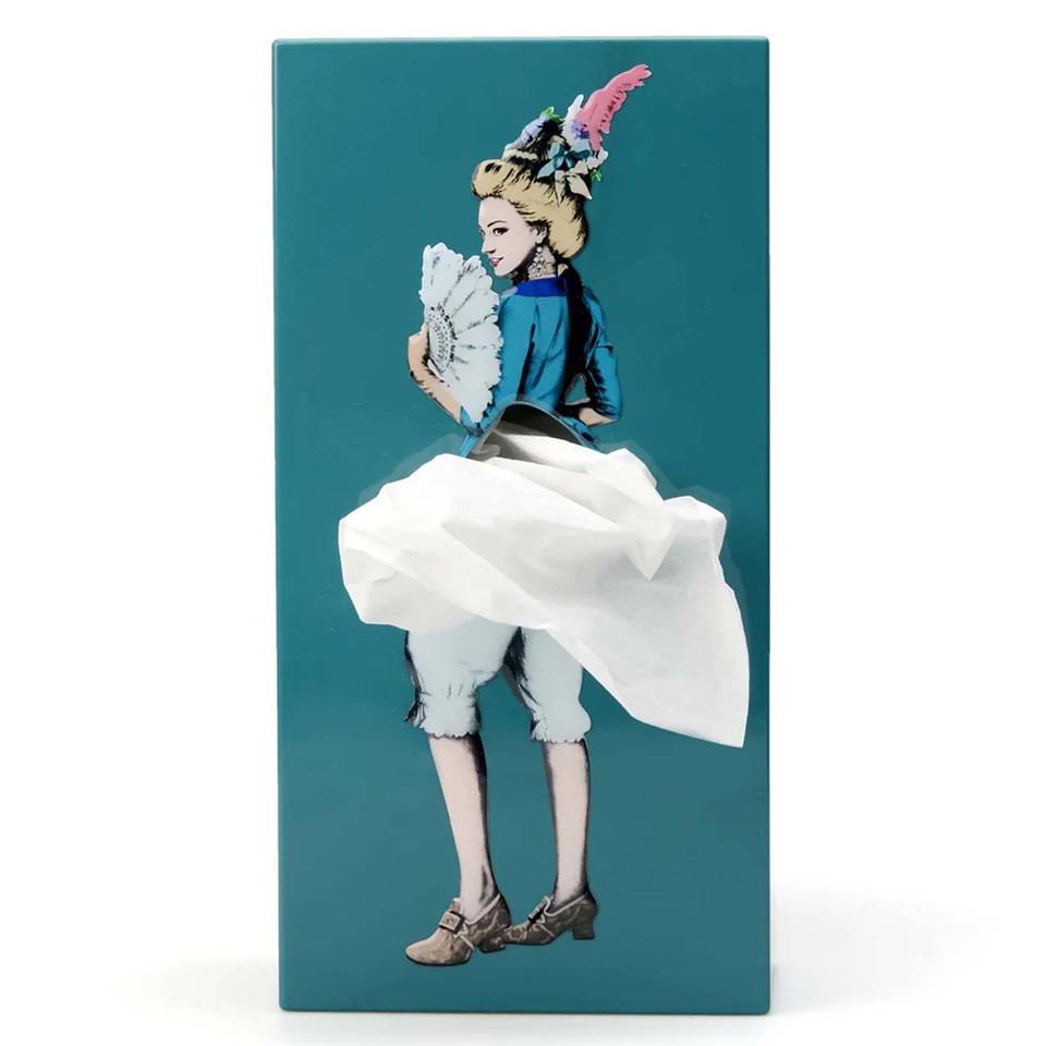 Tissue-up girl marie antoinette teal tissue holder — front view with flying-skirt tissue effect.