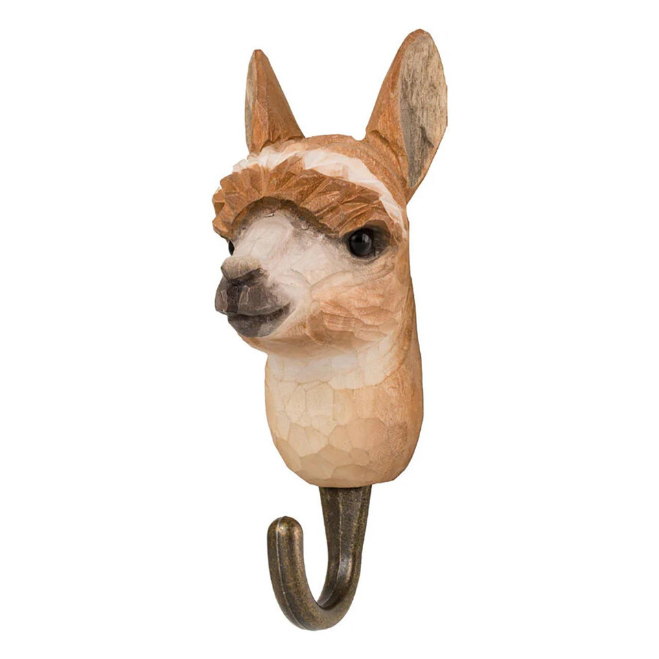 Three-quarter view of a hand-painted Alpaca wooden hook, showcasing the artisanal texture of the wool and its soft facial features.