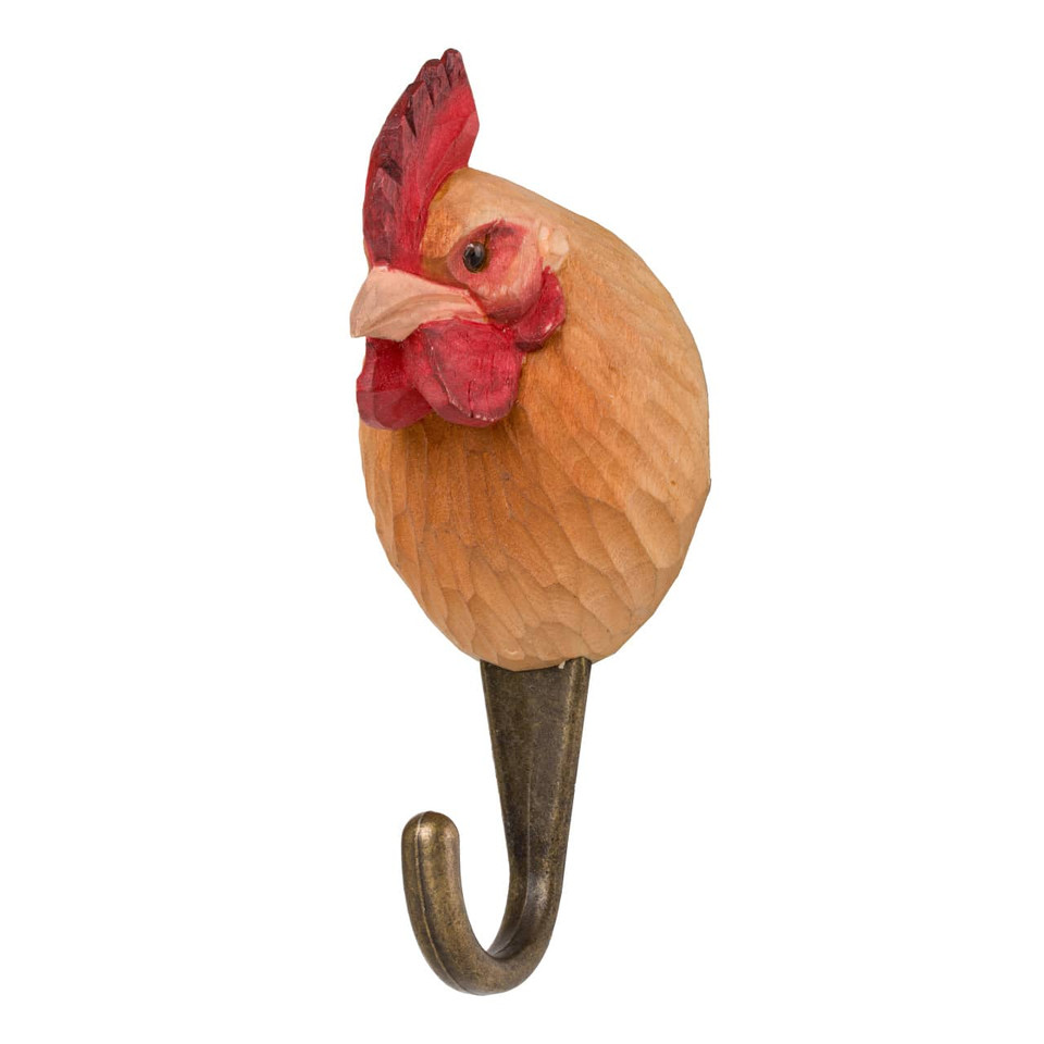 Three-quarter view of a hand-painted Hen wooden hook, highlighting the artisanal wood grain and lifelike facial details.