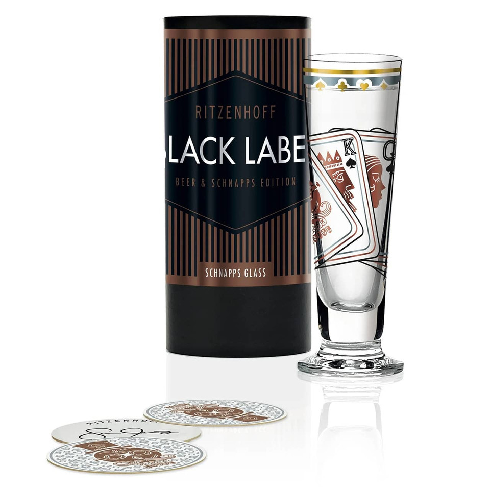 Ritzenhoff Black Label Schnapps Glass with a playing card design by Sascha Morawetz. Shop it at the design gift shop.