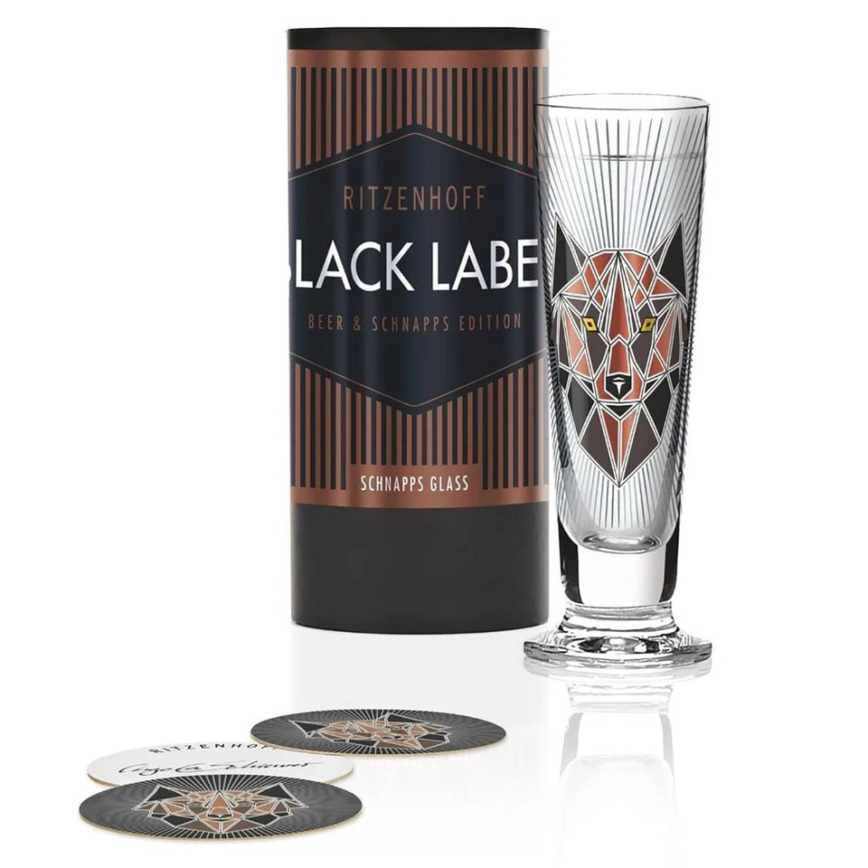 A Ritzenhoff Black Label Schnapps Glass with a colourful fox design by Angela Schiewer. Shop it at the design gift shop.