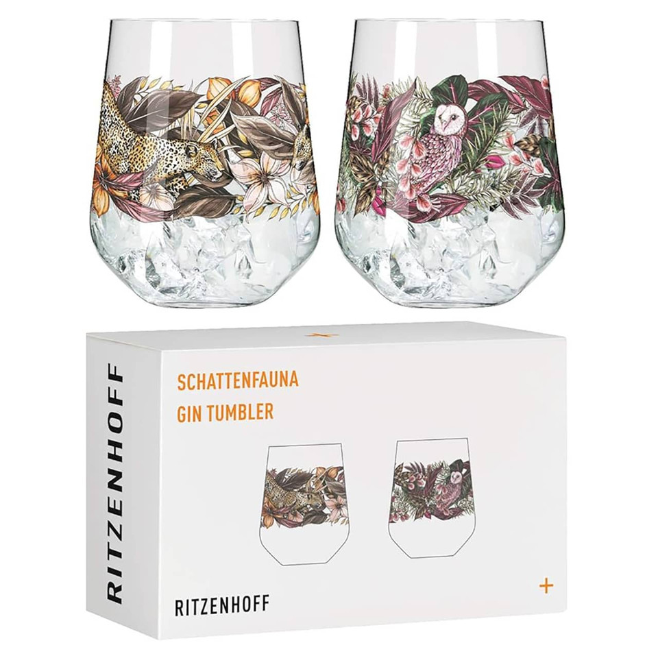A Ritzenhoff Shadow Fauna Gin Tumbler set, featuring one tumbler with a leopard design and another with an owl, both by Maggie Enterrios. Shop it at the design gift shop.