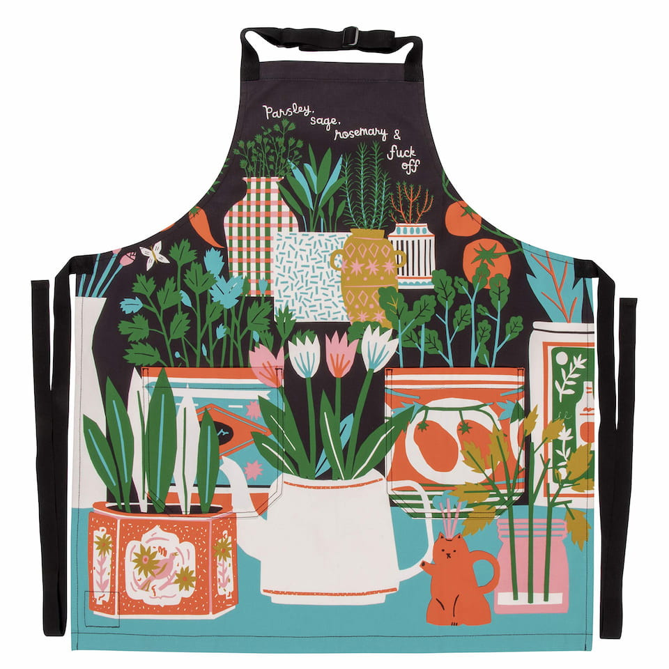 Blue Q apron featuring colourful potted herbs, a watering can, and text reading Parsley, sage, rosemary & f*ck off.