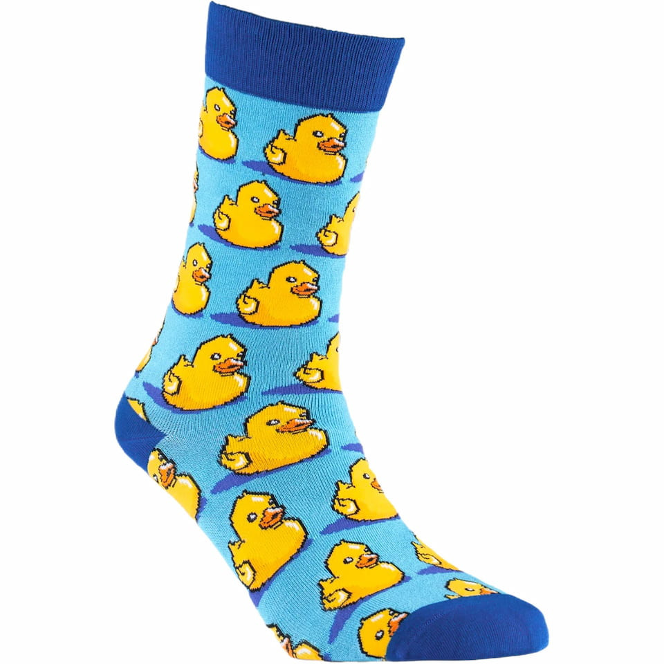 SEXY SOCKS Rubber Duck bamboo sock showing the yellow bath duck pattern on a blue background.