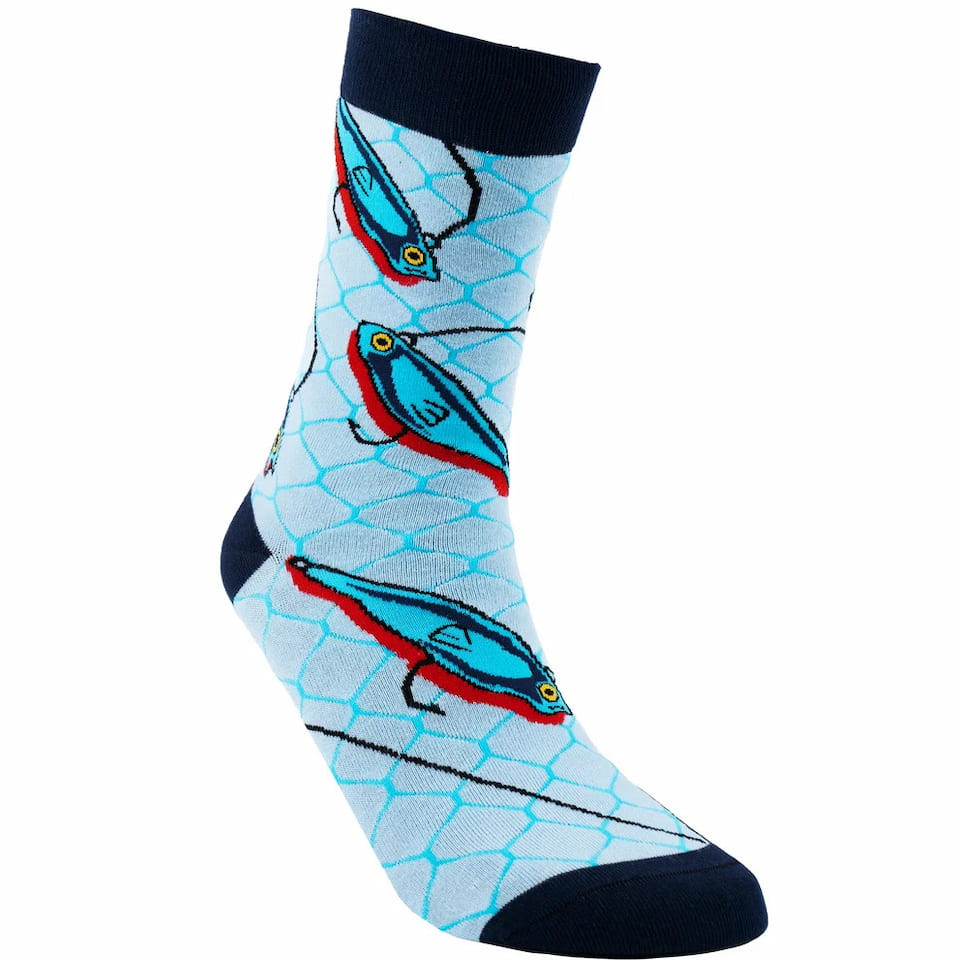SEXY SOCKS Gone Fishing bamboo sock featuring blue lures, fish hooks, and a net-inspired pattern on an aqua backdrop.