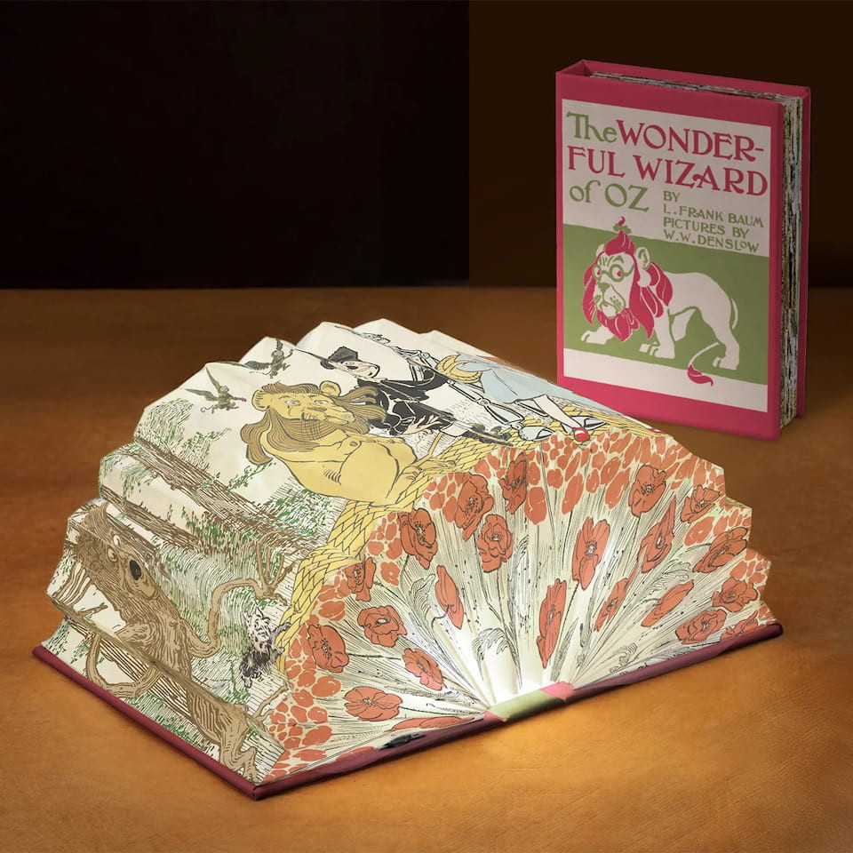 Modgy Wonderful Wizard of Oz Light Book open glowing accordion lamp showcasing yellow brick road artwork beside closed cover.