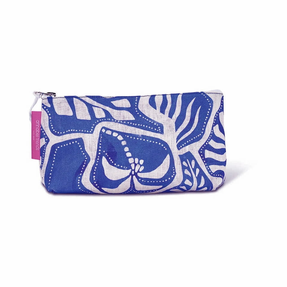 Annabel Trends Small Blue Oasis cosmetic bag made from linen-cotton blend with a cobalt blue and natural cream botanical mosaic print.