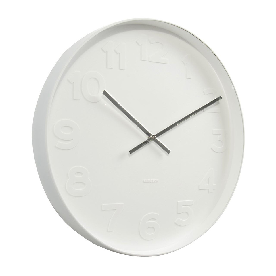 Karlsson Mr. White Numbers wall clock 37.5 cm with white steel rim and raised white numerals – front view.