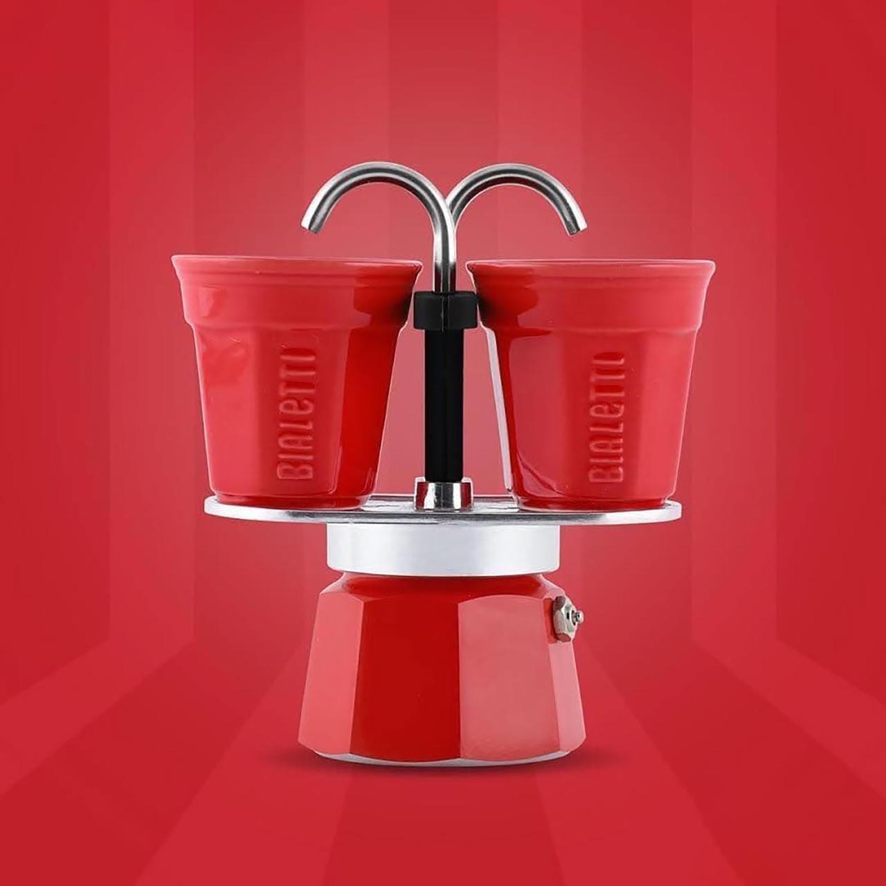 Bialetti - Mini Express Color: Moka Set includes Coffee Maker 2-Cup (2.8  Oz) + 2 shot glasses, Red, Aluminium