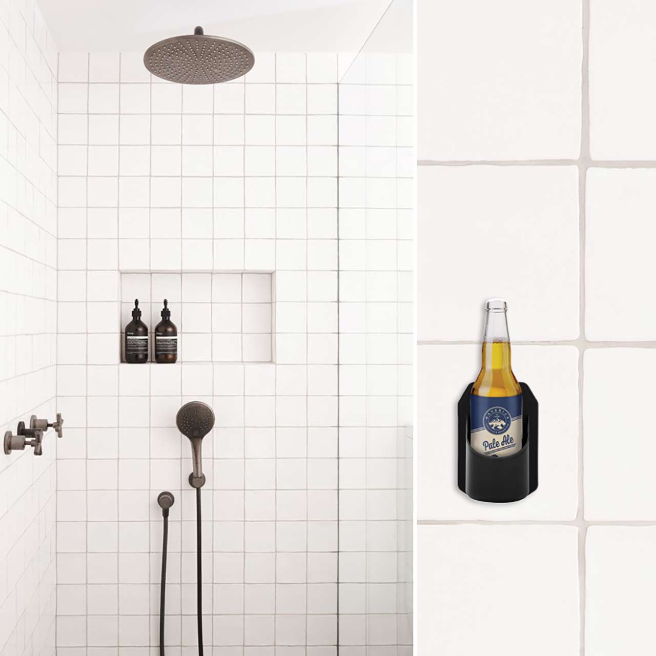 Maverick Bathroom Bevvy Holder with beer bottle on bathroom wall | the design gift shop