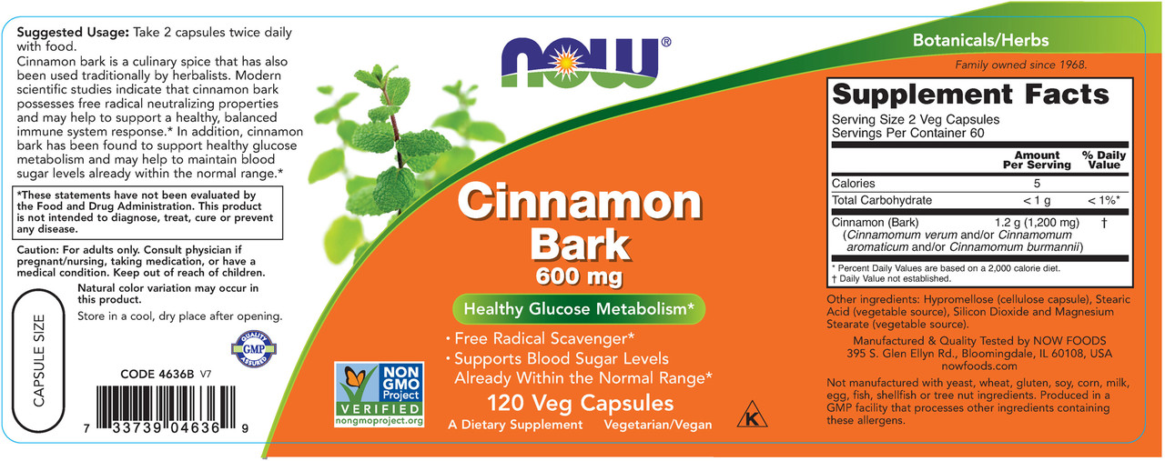 Cinnamon Bark 120 veggie capsules 600 milligrams Acupuncture Atlanta