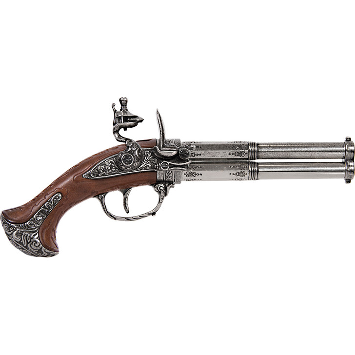 French 18th Century 2 Barrel Flintlock Pistol with Antique Gray Finish Main Image