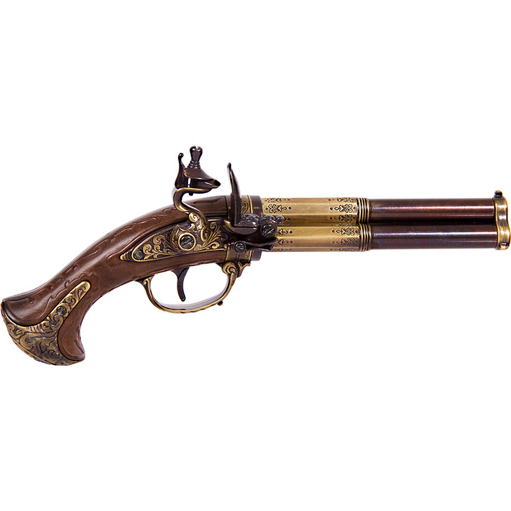 French 18th Century 3 Barrel Flintlock Pistol with Brass Finish /Wood Main Image