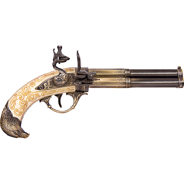French 18th Century 3 Barrel Flintlock Pistol with Brass Finish Main Image