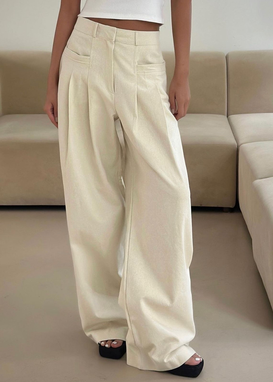 Cream High Waist Belted Pants with Button Cuff