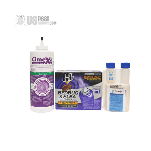 The Bed Bug & Flea Kill Kit #1 - 1 x 4 oz. bottle of Cimexa Dust for Bed Bugs, 3 x 2 oz. Hot Shot Bed Bug & Flea Foggers, and one 12 oz. bottle of Temprid FX Liquid Insecticide.