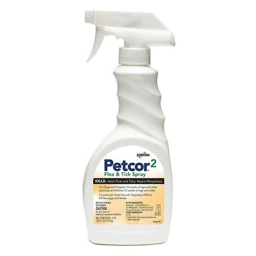 Petcor 2 is an improved contact spray treatment to kill fleas and ticks and repel mosquitoes on dogs and cats. A built-in IGR prevents young fleas from maturing, and is safe for pets.