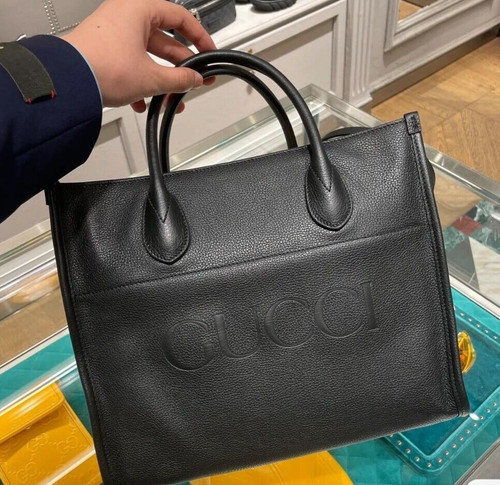 GUCCI Black Leather Convertible Logo Tote/Sholder Bag 2WAY Black 1032801