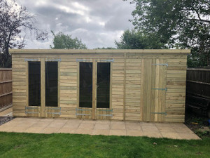 20x10 19mm Tanalised pent partition at 14ft x2 long window double doors & single door