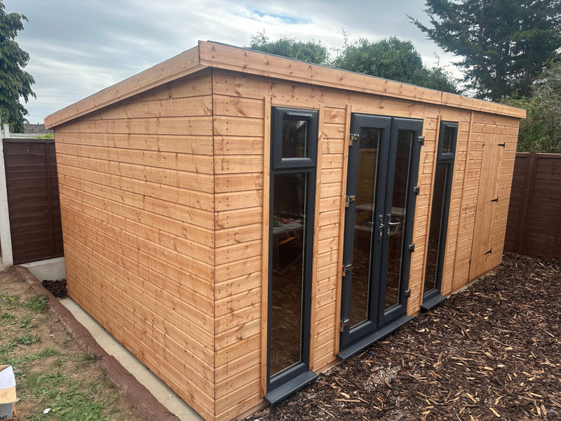 18 x 10 Pent garden room summerhouse-shed-store partition combination  upvc double door x2 long upvc top openers windows EPDM rubber roof 19mm tanalised cladding