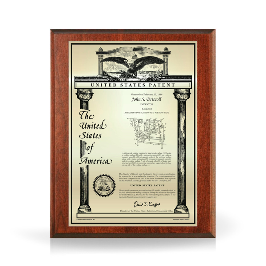 Legacy Gold and Solid Cherry Patent Plaque Classic Series US Patent