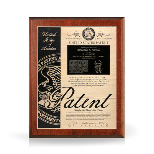 Prelude Precision Etched Gold and Solid Cherry Patent Plaque