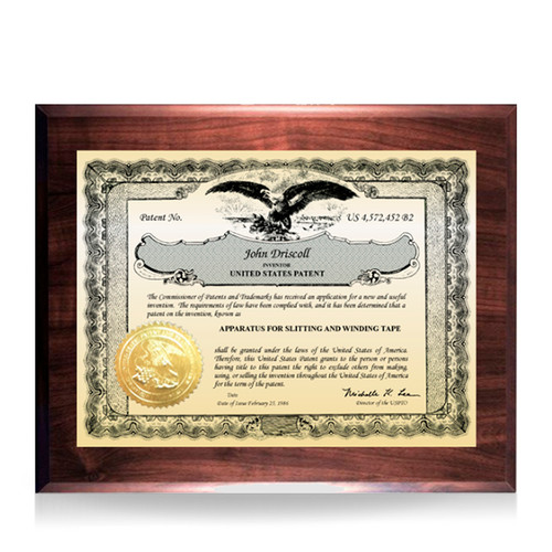Memento Gold and Walnut Finish Patent Plaque