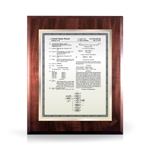 Merit Silver and Gold Walnut Finish Patent Plaque