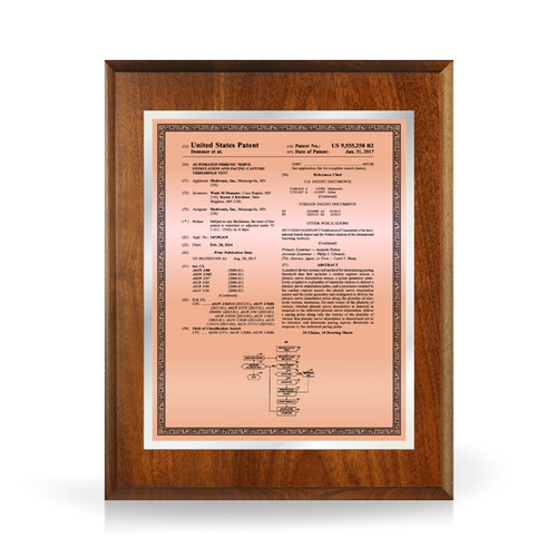 Merit Copper and Silver Solid Walnut Patent Plaque
