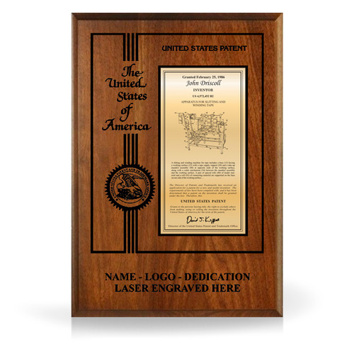 Accolade Presentation Laser Engraved Gold and Solid Walnut Patent Plaque