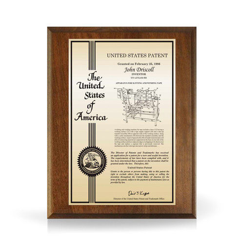 Accolade Gold and Solid Walnut Patent Plaque Accolade Gold and Solid Walnut Patent Plaque