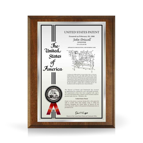 Red Accolade Silver and Solid Walnut Patent Plaque Red Accolade Silver and Solid Walnut Patent Plaque