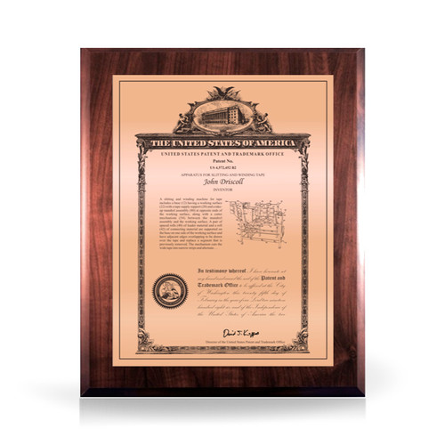 Heritage Copper and Walnut Finish Patent Plaque - Front Heritage Copper and Walnut Finish Patent Plaque - Front