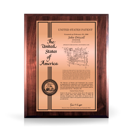 Accolade Copper and Walnut Finish Patent Plaque - Front Accolade Copper and Walnut Finish Patent Plaque - Front