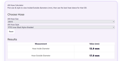 AN Hose Size & Heat Sleeve Finder Calculator
