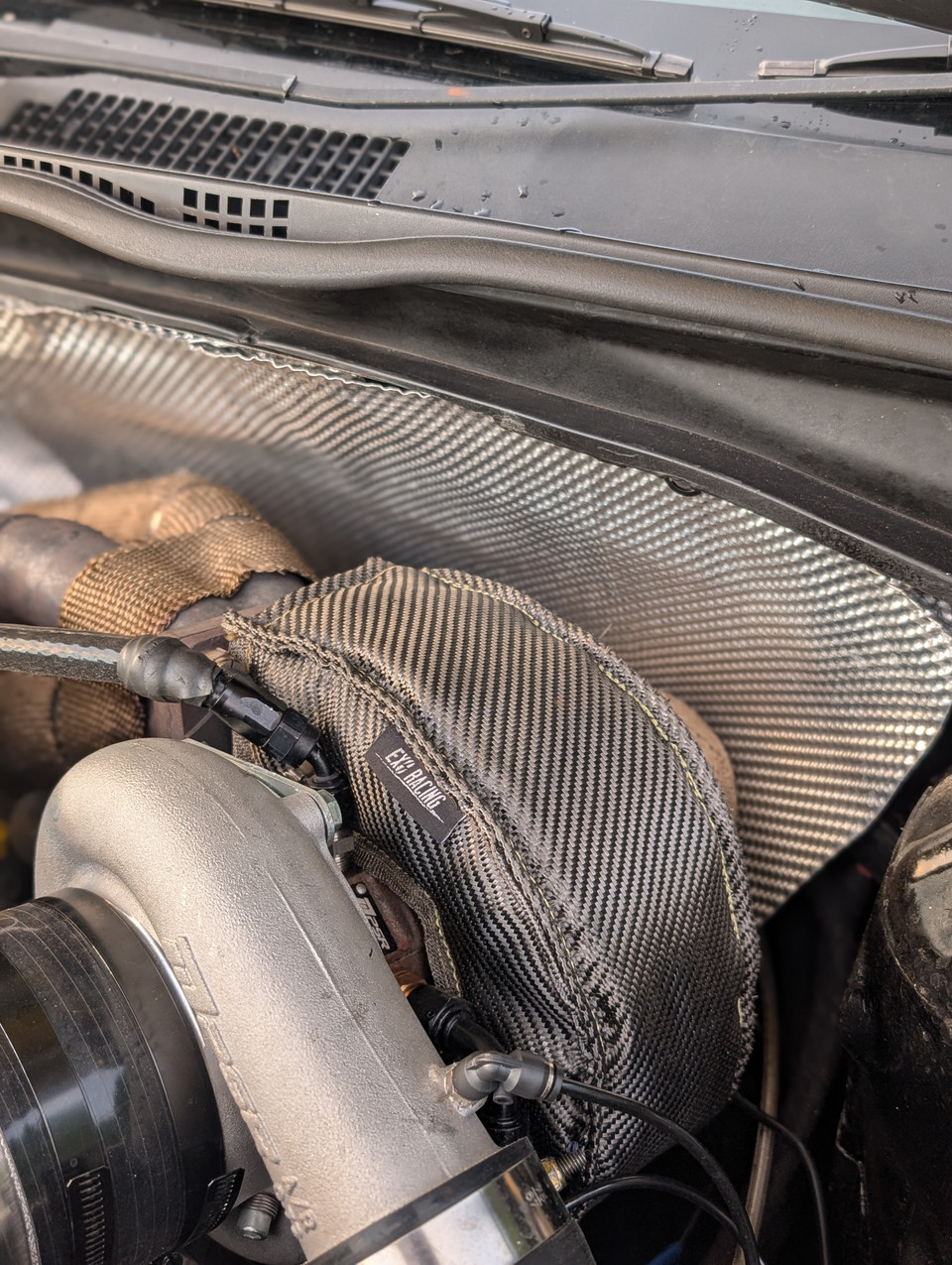 Close-up of the Exoracing turbo blanket fitted to Nathan&rsquo;s K20 turbo Honda Civic EP3