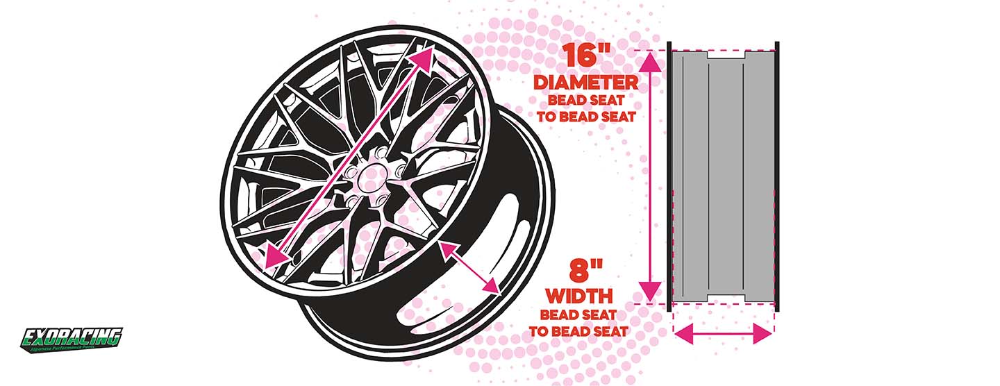 Diagram showing alloy wheel diameter and width measurements