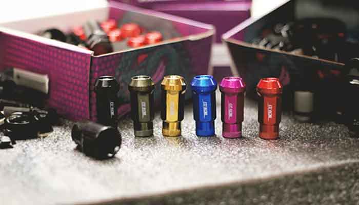 Exoracing coloured wheel nuts used as aftermarket alloy wheel hardware