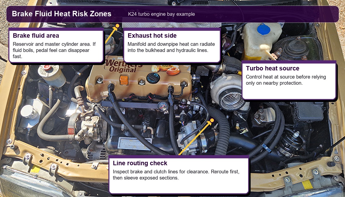 Annotated K24 turbo engine bay showing brake fluid reservoir, exhaust heat, turbo heat and brake line routing risk zones