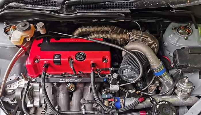 K-Series turbo engine bay with a turbo blanket fitted to help control hot-side radiant heat